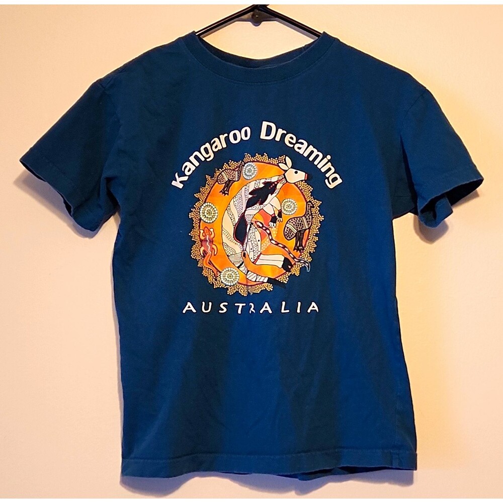 Vintage 90s Australia Kangaroo Dreaming T Shirt Sm Blue Aboriginal Art Souvenir